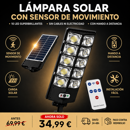Lámpara solar con 10 luces LED y sensor de movimiento